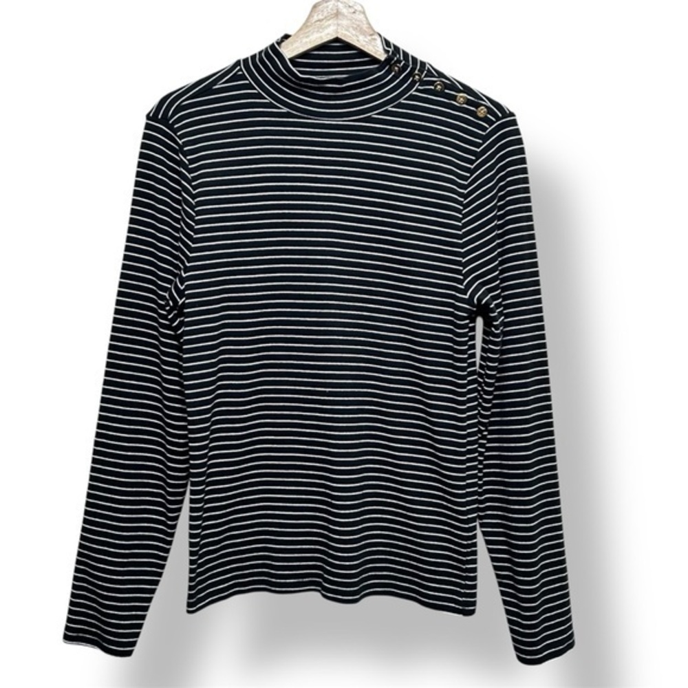 J.Crew Black Stripe Mock Neck 100% Cotton Top L Gold Buttons